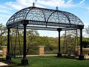 vintage cast iron swing pavilion, European garden swing with arch, rustproof outdoor iron pergola, YSGH-240 European Vintage Cast Iron Swing Pavilion Product Overview